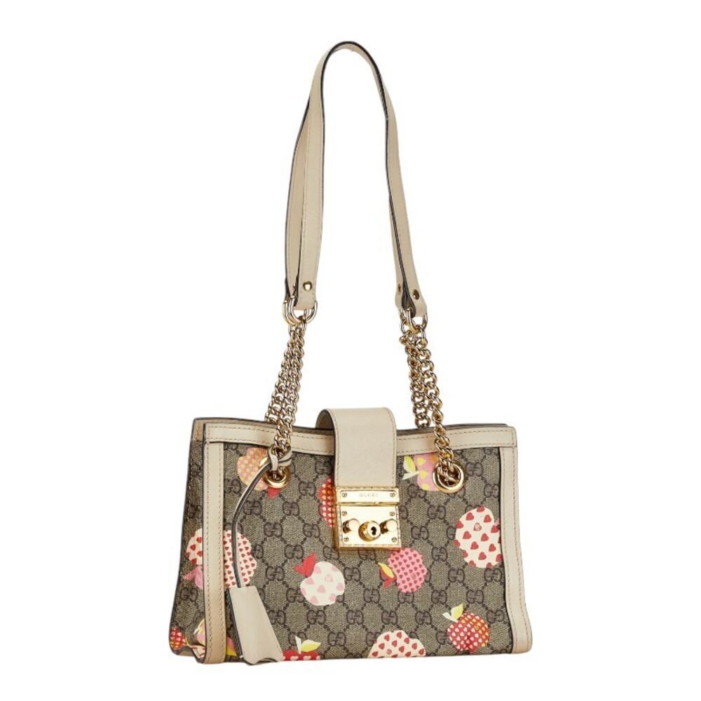 Gucci Tan Bag Black Leather Shoulder Padlock Chain Heart Beige Apple GG